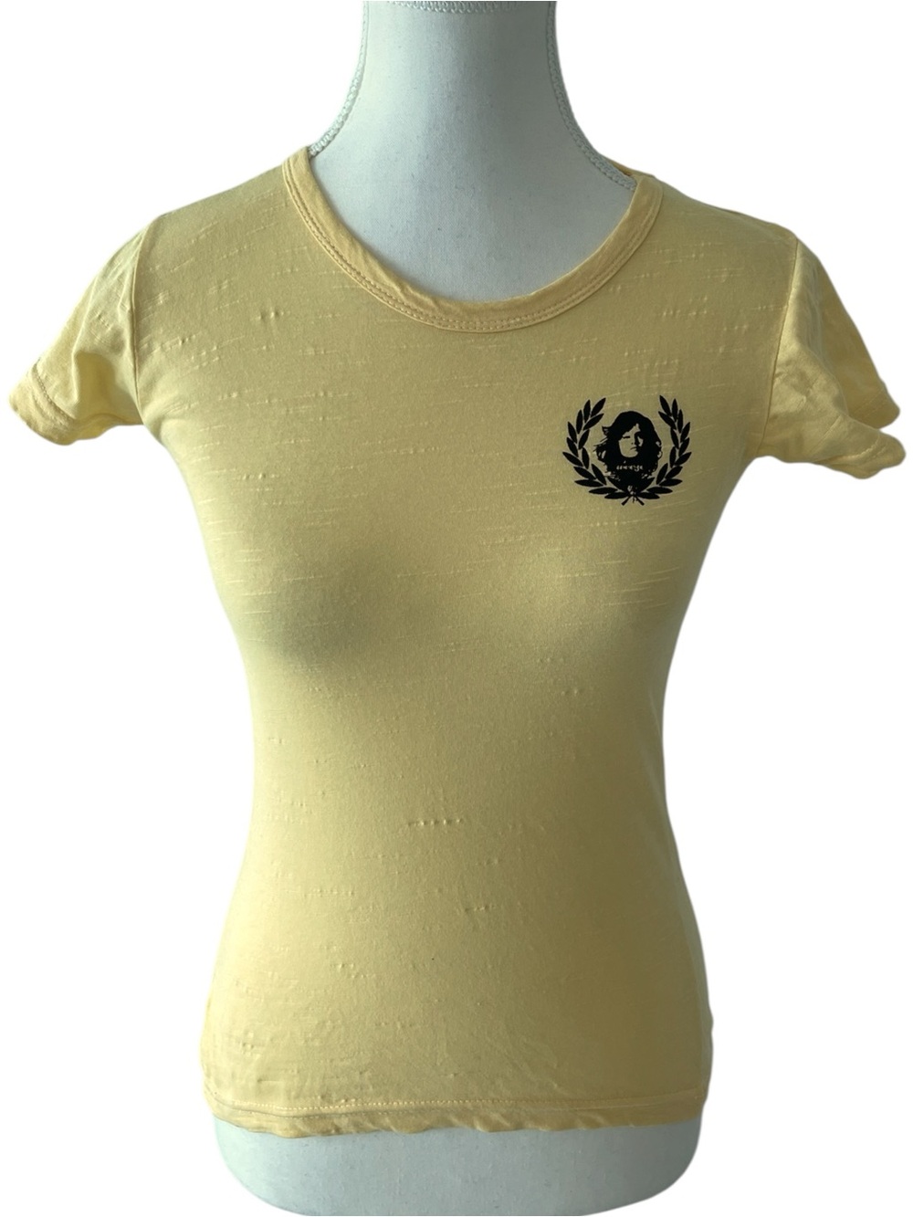 Slim Fit Pale Yellow Crewneck Vintage Tee with Crest & Back Design Size Small